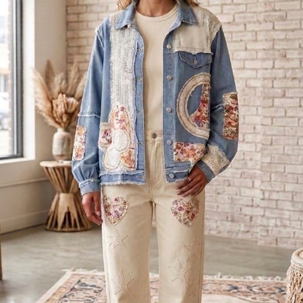 POL Light Blue Denim and Cream Crochet Top